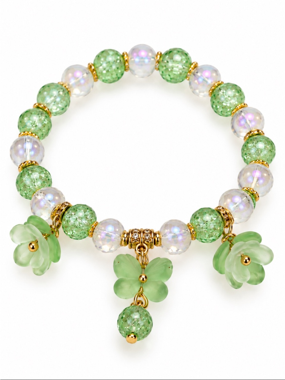 Green & Iridescent Round Beaded Floral Charm Stretch Bracelet